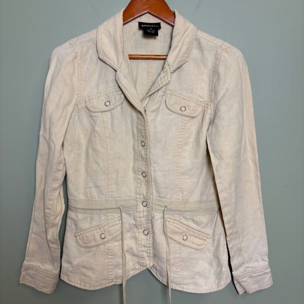 Athleta Linen Utility Jacket Shaket Sml Beige Drawcord Waist Snap Front Outdoors